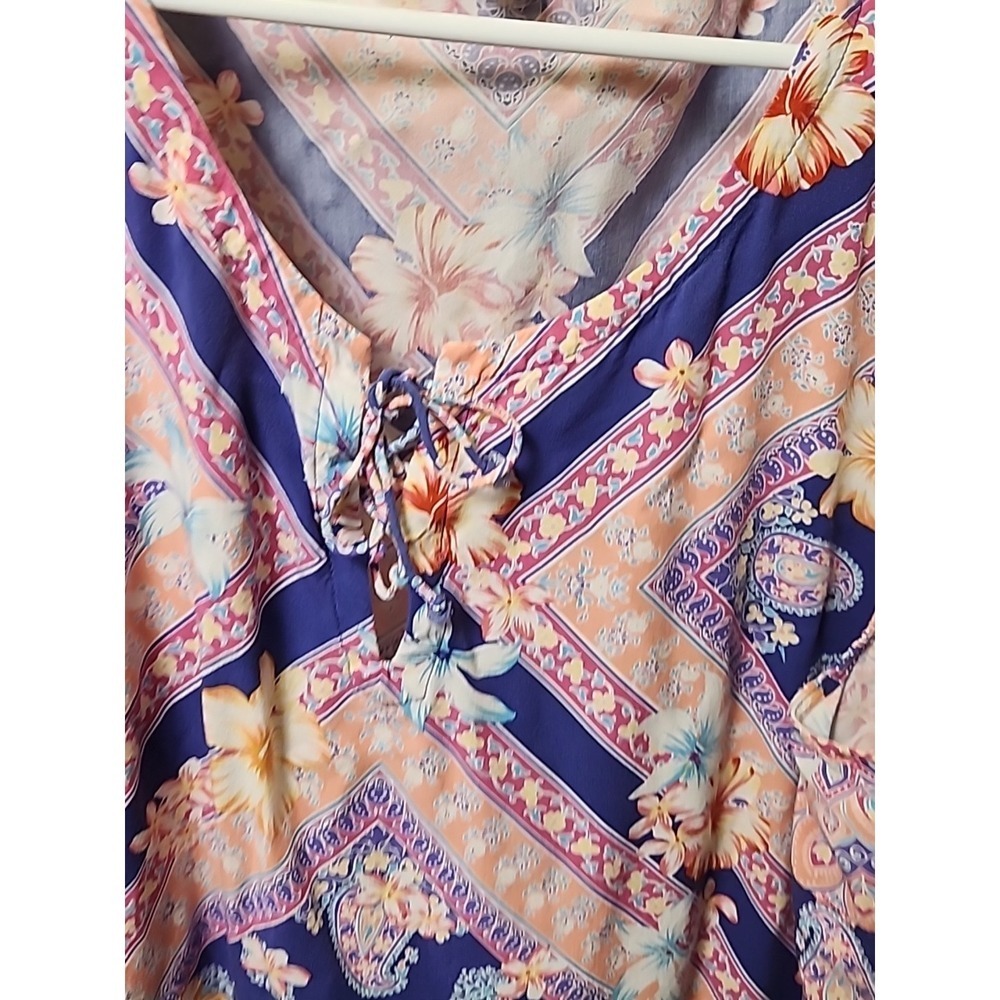 J. Jill Size XL Floral Pink Blue Coral Tie Neck Top Blouse Women - Picture 3 of 9